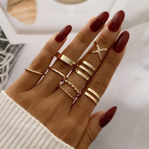 IPARAM Bohemian Vintage Gold Crescent Geometric Joint Ring Set for Women Crystal Personality Design Ring Set Party Jewelry