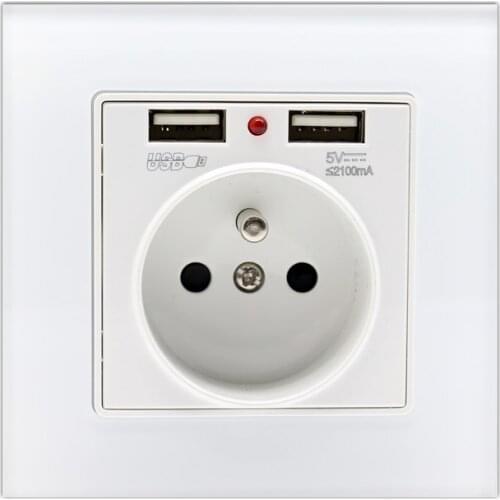 Minitiger 16A French Standard Wall Power Socket White Crystal Glass Panel Outlet 2.1A Dual USB Socket Charger Port for Mobile