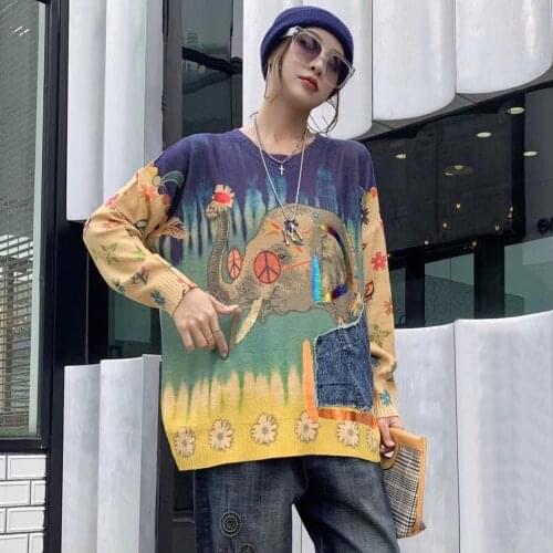 21820 Hip Hop Street style Autumn Cartoon Elephant Print Denim Pocket Knitted Pullover Casual Personality Thin Sweater Top Tide