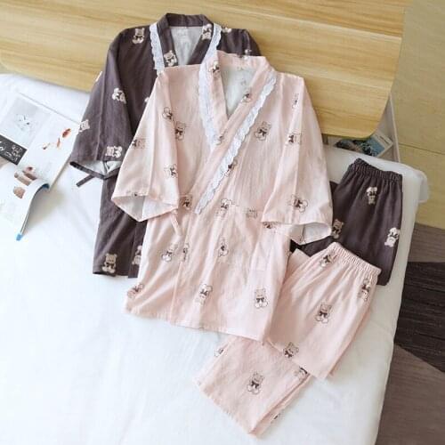 Spring/Summer Women Pajamas Set Pure Cotton Gauze Bear Japanese Kimono Half Sleeve Sleepwear Ladies Thin Loose Comfy Home Wear