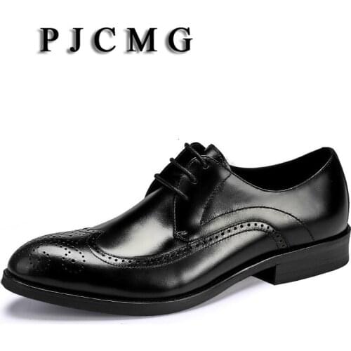 PJCMG Fashion High Quality Size 36-46 Business Formal Lace-Up Pointed Toe Genuine Leather Carved Flat Dress Wedding Man Shoes