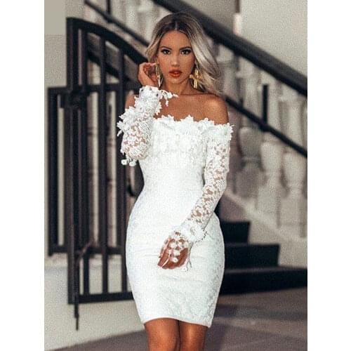 Prom dress summer ladies elegant sexy lace solid color party dress long-sleeved one-neck slim-fit prom white mid-length dress