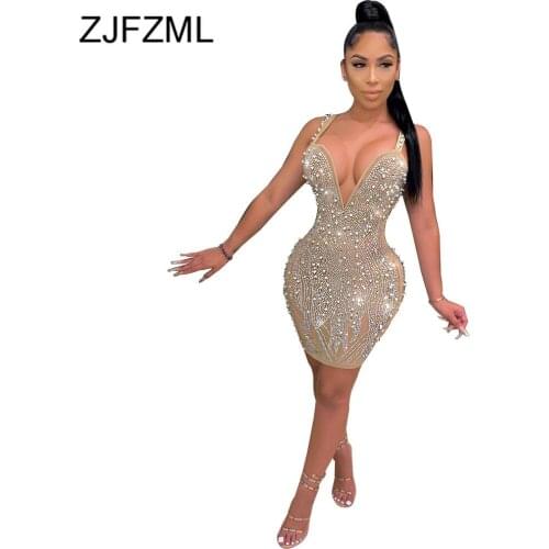 Mesh Rhinestones Beading Spliced Wrap Dress Women Spaghetti Strap Backless Night Club Party Dress Deep V Neck Skinny Mini Dress