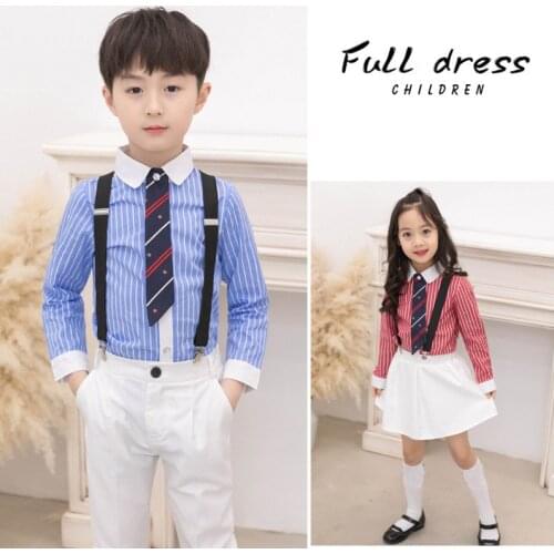 Boys Kids Formal White Wedding Dress Gentleman Girls Strap Shirt Pant Tie 4Pcs Pinao Performance Costume School uniform Suit