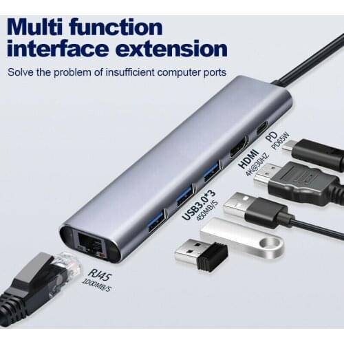 6 In 1 USB-C HUB USB 3.0 Splitter Network RJ45 Gigabit Ethernet 4K HDMI Adapter