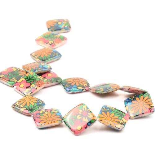 Flower Pattern Square Shape Stone Beads Round Loose Spacer Shell Beads for Jewelry Making 16pcs DIY Charm Bracelet Necklace
