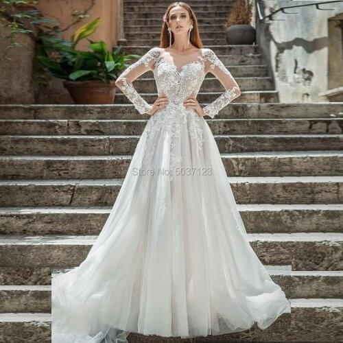 Vestido De Noiva A Line Long Sleeves Wedding Dresses Robe De Mariee O Neck Lace Appliques Button iIlusion Bridal Gowns