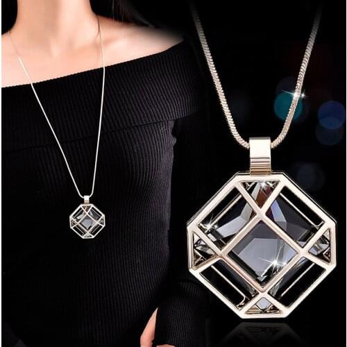 Octagon Shape Cage Small Pendant Geometry Rhinestone Inside Fashion Pendant Long Chain Necklace Sweater Chain Women Jewelry 2019