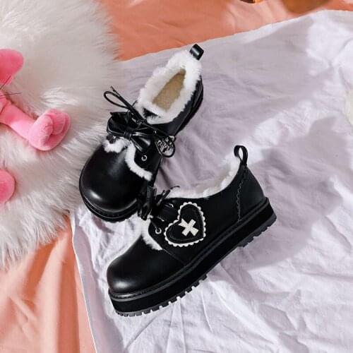 Cross Gothic Style Winter Warm Lolita Shoes Womens Plush Velvet Lolitas Sweet Girl Cotton Lace Up Cosplay Black Brown Anime Cos