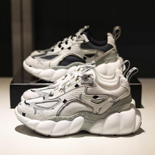 Mixed Color Platform Sneakers Real Leather Daddy Shoes Woman Casual Runway Trainers Brand Espadrilles Sport Running Ladies Tenis