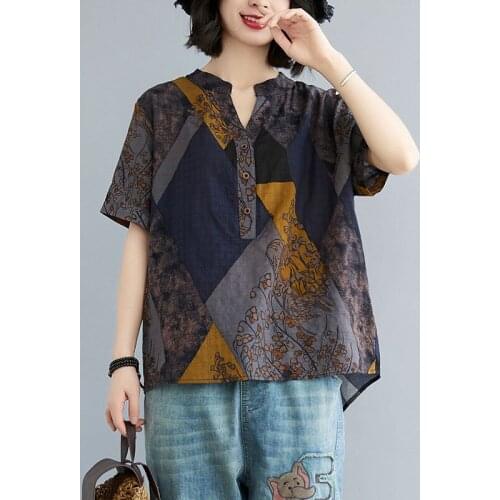 Women Cotton Linen Casual T-shirts New 2021 Summer Indie Folk Style Vintage Print Loose Female Short Sleeve Tops Tees S3577