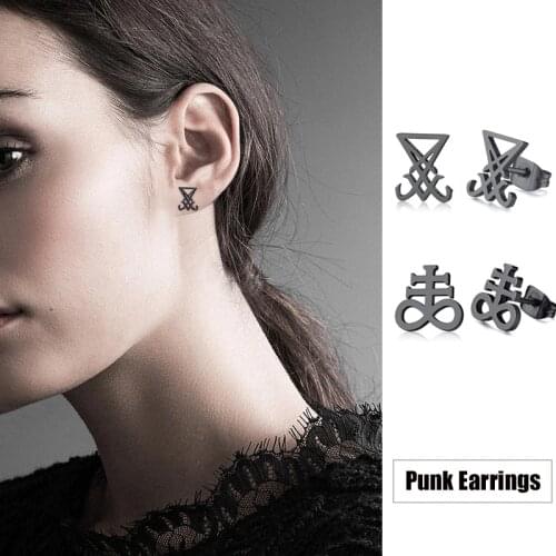 Satanic Cross Leviathan Punk Earrings for Women Stainless Steel Stud Earrings Occult Left Path Luciferian Goth Sigil Luciferian