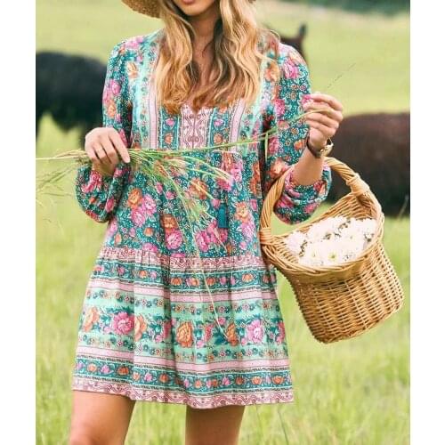 Happie Queens women ethnic floral print long sleeve tie neck beach Bohemian mini dress ladies rayon cotton botton Boho dress