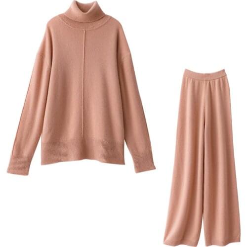 Winter Autumn Knitted Warm Thick Soft Fashion Luxury Brand Pink Causal Pants 2 Pieces Suit Women Cashmere Sweater Set