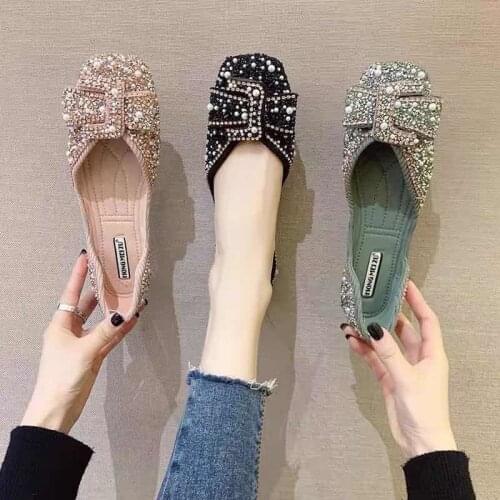 2021spring Womens Shallow Flat Shoes Fashion Bling Rhinestone Ballet Bow-knot Slip On Ladies Lazy Loafers Zapatos De Mujer