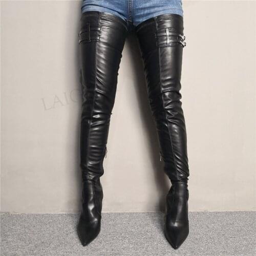 BERZIMER Women Thigh High Boots Slim Heels Side Zip Over Knee Boots Faux Leather Handmade Shoes Woman Large Size 39 44 45 47
