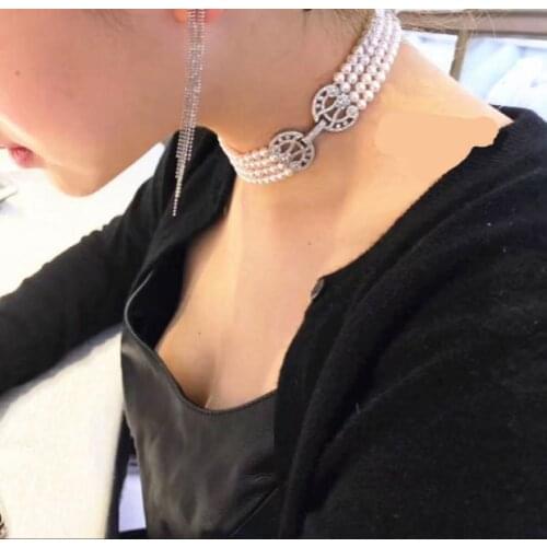 Free shipping 4row 6-7mm shot 16inch white Pearl CZ Necklace Pendant 925 silver micro inlay zircon clasp accessory jewelry