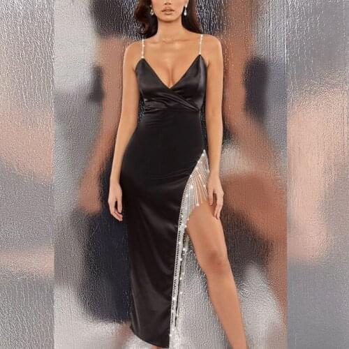 Bevenccel New Summer Spaghetti Straps Sexy Maxi Bandage Dress Elegant V Neck Sequins Tassels Split Bodycon Runway Party Dresses