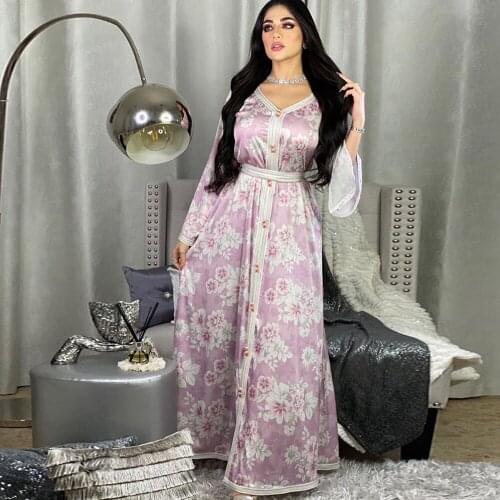 Eid Mubarek Printed Abaya Dubai Muslim Fashion Hijab Kaftan Islam Clothing Womens Vestidos Robe Musulman With Belt F2748
