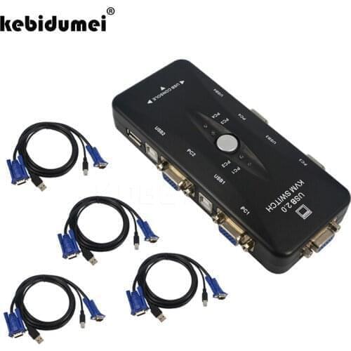 Kebidumei 4 Port USB 2.0 KVM VGA SVGA Switch Hub Box Selector Adapter with 4pcs KVM VGA Cable for PC Keyboard Mouse Monitor