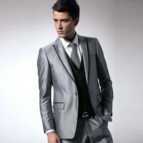 Italian Silver Mens Suits with Pants Groom Wedding Tuxedos Slim Fit Terno Masculino Best Man Blazer 3Piece Classic Costume Homme
