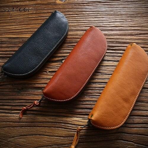 LEACOOL Handmade Genuine Leather Pencil Bag Vintage Big Capacity Cowhide Zipper Pen Case School Bag Office Stationery
