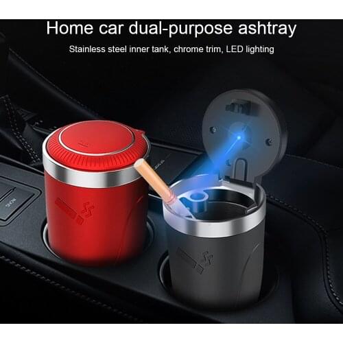 Multifunctional Car Ashtray with Blue LED Light Push Type Lid Vehicle Cigarette Holder Ashtray Trash Can Interior Decoration