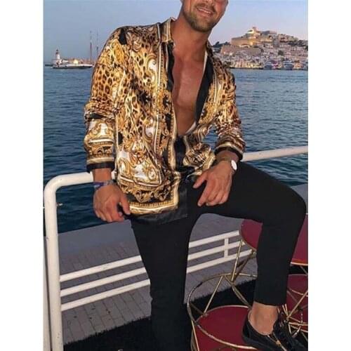 2021 European USA Mens Clothing Casual Fashion Printed Shirt Men Silk Satin Slim Fit Long Sleeve Flower Party Shirt Male Tops