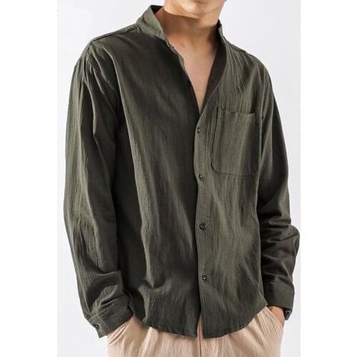 Mens Shirt Linen Long-Sleeved Mens Clothing Soild Casual Blouse Stand-Up Collar Thin Autumn All-Match Chinese Style Mens Top