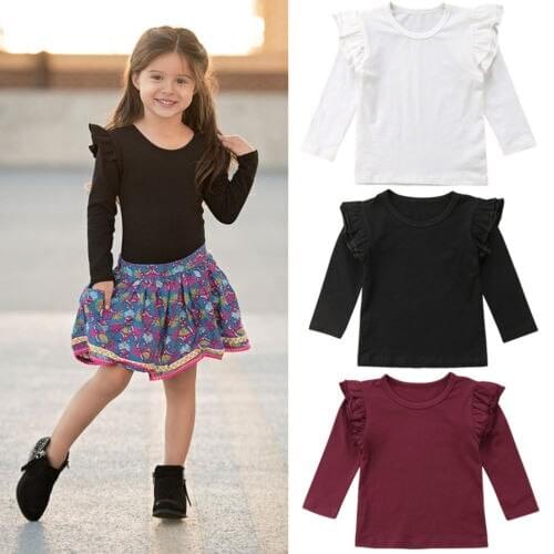 Autumn Kids Baby Girls Toddler Kids Ruffle Long Sleeve Tops Tee Shirt Clothes Solid Color Classic T-shirt
