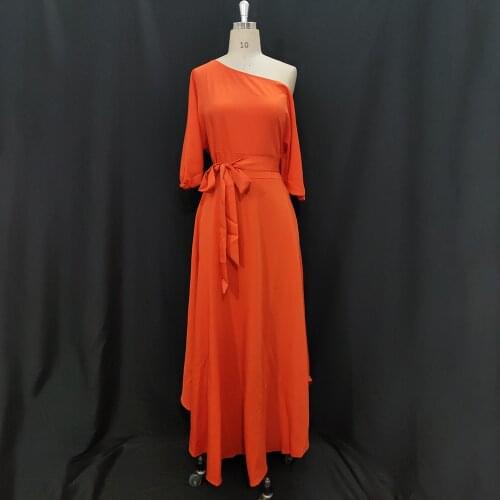 Women Dress Bare Shoulder Waist Belt Long A Line Pleated Orange Casual Fashion Female Ladies Elegant New Autumn Summer Robes