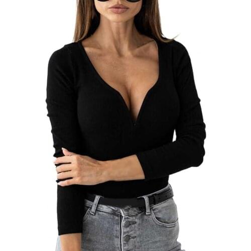 CasualWomens Tops V Neck Slim Commute Style Solid Color Ribbed Long Sleeve Top for Going Out top women 2021 elegant Black 2XL