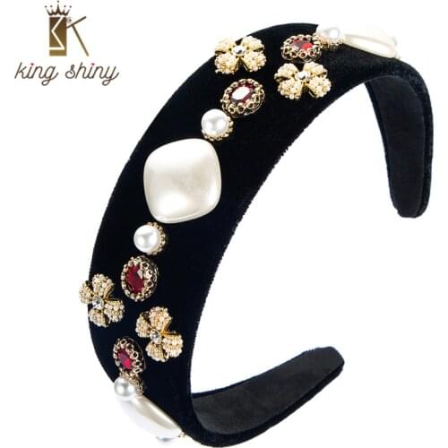 King Shiny Vintage Baroque Imitation Pearl Cross Headband Elegant Color Crystal Beaded Black Velvet Hairband Female Party Bezel
