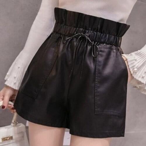 High Waist Lace Up Shorts Sexy 2021 Flower Bud Wide Leg Leather Shorts Autumn Winter Korean Loose High Street Black Women Shorts