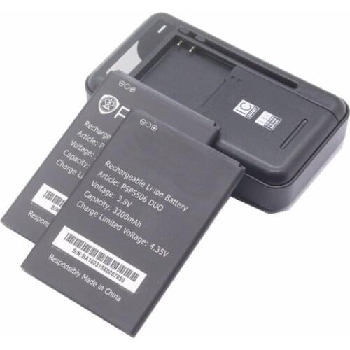 2x PSP5506 DUO 3200mAh Phone Replacement Battery + Universal Charger For Prestigio Grace Q5 PSP 5506 DUO PSP5506DUO Batteries
