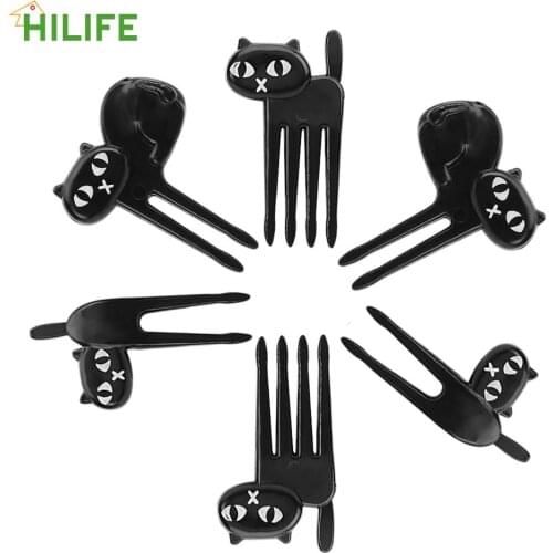 HILIFE Party Decor Bento Lunches Toothpick Mini Cartoon Tableware Snack Cake Dessert Food Fork 6pcs/pack Black Cat Fruit Fork