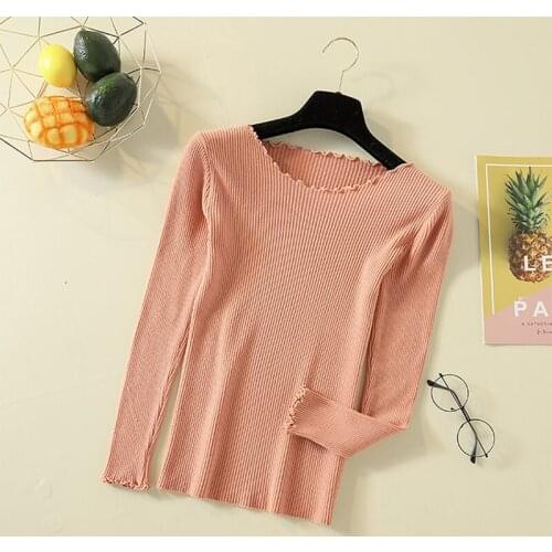 Female Ruffled Collar Knit Pink Sweaters Basic Women autumn Winter Long Sleeve Pullovers feminine Soft Ruched Tops jumpers 2019