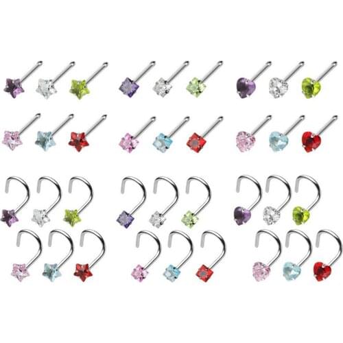 18piece Assorted Shapes CZ Crystal Nose Bone Stud Set Surgical Stainless Steel Nose Screw Ring Bend Nostril Piercing 20G (0.8mm)