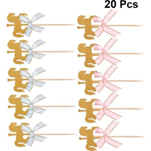 20Pcs Lovely Carousel Shape Cake Toppers Delicate Cupcake Dessert Toppers Party Bithday Decoration (Blue Bowknot)