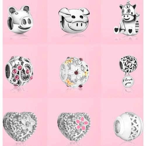 5PCS New Zinc Alloy Charms Cute Unicorn Pig Bear Animal Hollow Flower Heart Beads Fit Women Bracelets Bangles DIY Jewelry Making