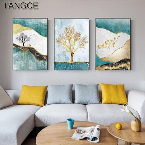 Abstract Golden Canvas Painting Nordic Gold Tree Butterfly Posters Prints Blue Wall Pictures for Living Room fanshion home Decor