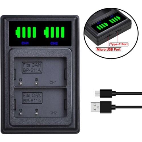Camera Battery + LCD USB Dual Charger with Micro-USB/Type C Port for Canon LP-E5 Camera
