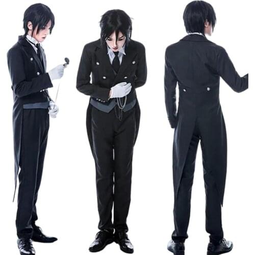 Anime Black Butler Sebastian Michaelis Cosplay Costume Black Uniform Outfit+Pocket Watch+Brooch Halloween Costumes for Women/Men