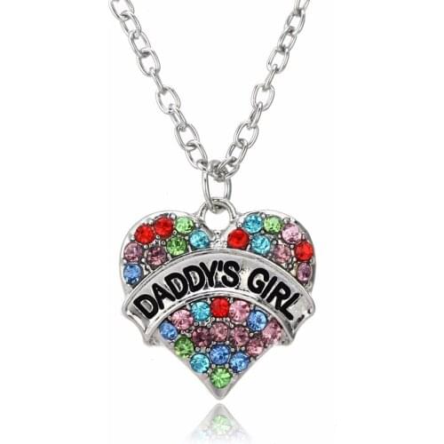 Bespmosp 24PCS/Lot Wholesale Multi-Colored Crystal Rhinestone Heart Hand Stamped"Daddys Girl"Pendant Necklace Fathers Day Gift