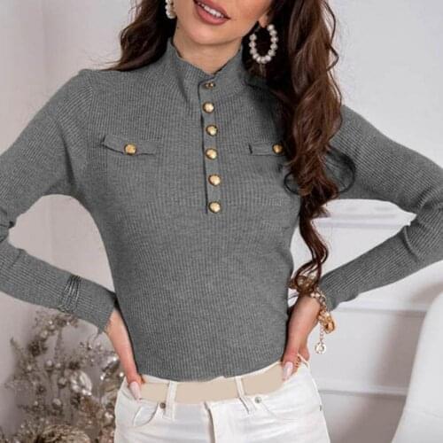 Blouse Women Solid Color Turtleneck Vintage Blouse Shirts Buttons Pockets Ribbed Slim Basic Knitwear Blouse Office Work Blouse