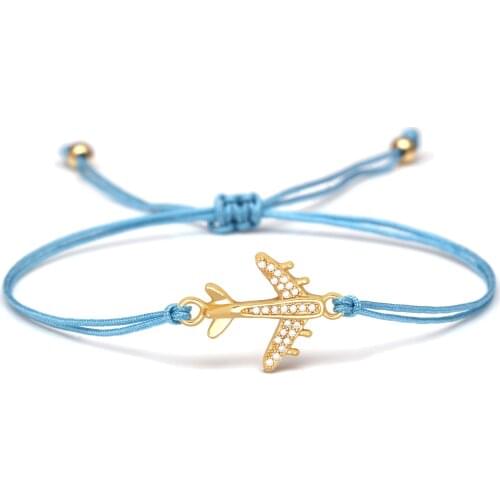 Sparkling Cubic Zirconia Copper Airplane Charm Bracelet Women Men 2020 New Fashion Brass CZ Aeroplane Red Black String Jewelry