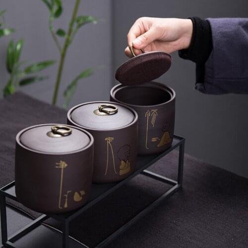 Purple Clay Tea Caddies Kitchen Storage Jars Ceramic Sealed Cans Sugar Bowl Little Monk Pattern Food Containers Home Decor