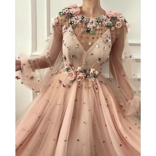 New Long Evening Dresses Scoop Flowers Beading Pearls Formal Gown For Prom Wedding Party Dresses Robe De Soiree