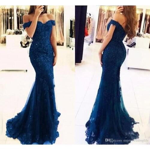 2019 Off The Shoulder Mermaid Long Evening Dresses Tulle Appliques Beaded Custom Made Formal Evening dress party prom gown