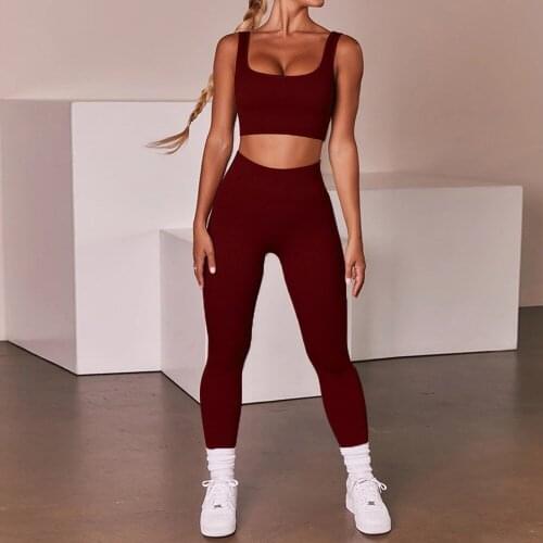 Deep U Neck Sleeveless Elastic Sport Bra And Leggings Seamless Yoga Set Workout Clothing Gym Wear Fitness Suit